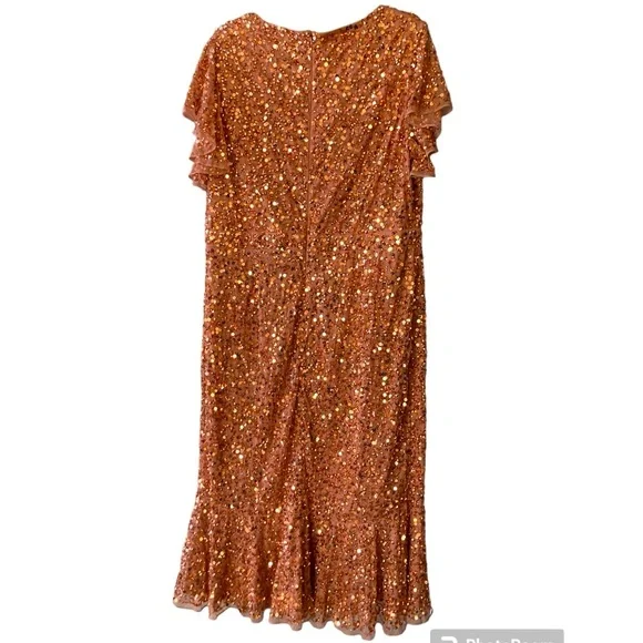 Mac Duggal - Rose Gold Sequined V-Neck Flutter Cap Sleeve Trumpet Dress mermaid - Picture 5 of 8
